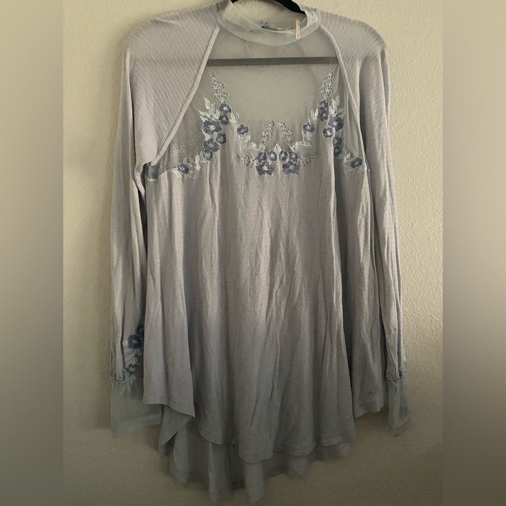 Free People Tunic Top Mesh Embroidery Blue High Neck
